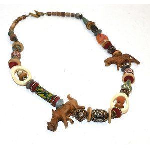 Vintage Wood African Safari Animals Beaded Necklace Hand Carved Tribal